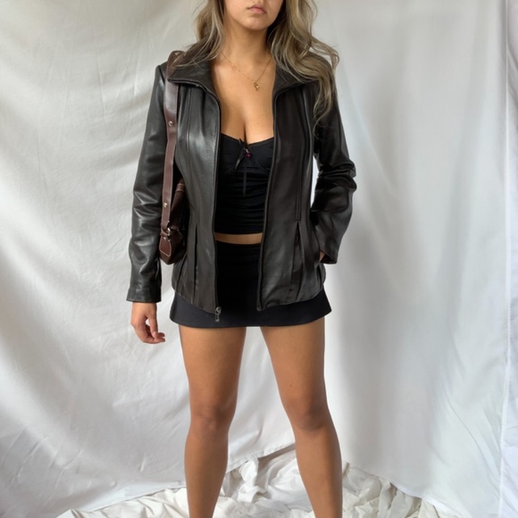 Off black pleated zip up leather jacket - Picture 4 of 6